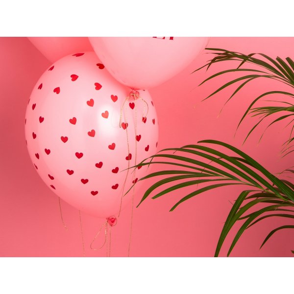 Luftballons - Hellrosa mit roten Herzen - 6er-Pack