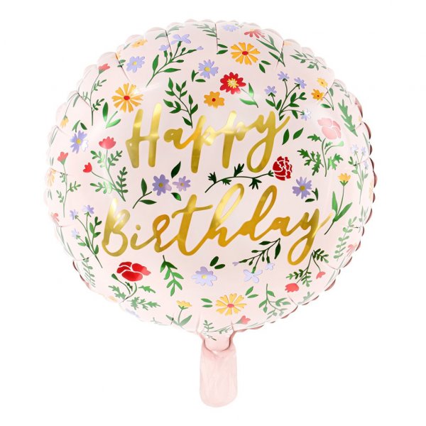 Folienballon - Happy Birthday - Rosa mit Blumen