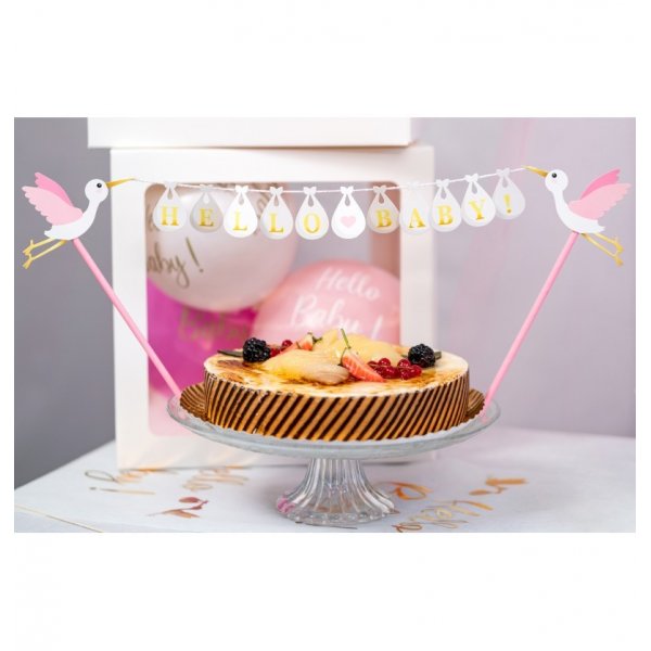 Tortenaufsatz - Storch - Hallo Baby - Rosa/Wei�/Gold
