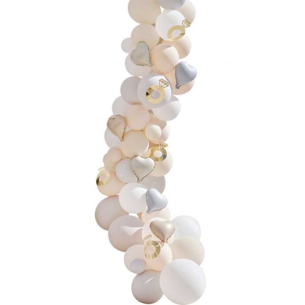 Ballonbogen - Verlobungsringe und Herzen - Wei/Taupe/Grau