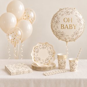 Babyparty-Set - Beige mit Blumenmuster - 6 Personen Babyparty-Set - Beige mit Blumenmuster - 6 Personen