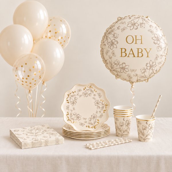 Babyparty-Set - Beige mit Blumenmuster - 6 Personen Babyparty-Set - Beige mit Blumenmuster - 6 Personen