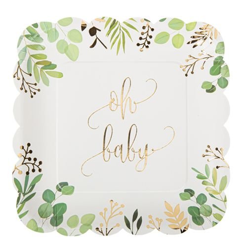 Pappteller - Babyparty - Oh Baby - Blattgrün und Gold - 8er-Pack Pappteller - Babyparty - Oh Baby - Blattgrün und Gold - 8er-Pack
