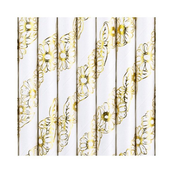 Strohhalme - Blumen, Weiß/Gold - 10er-Packung Strohhalme - Blumen, Weiß/Gold - 10er-Packung
