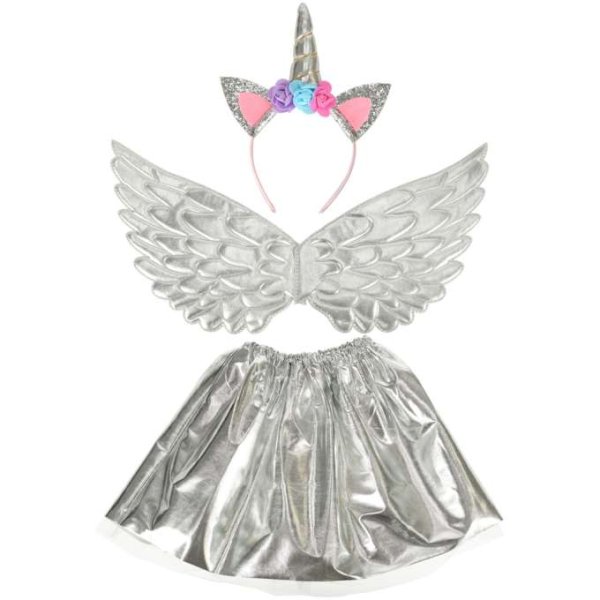 Einhornkostüm für Kinder, Rock, Diadem, Flügel, Silber Einhornkostüm für Kinder, Rock, Diadem, Flügel, Silber