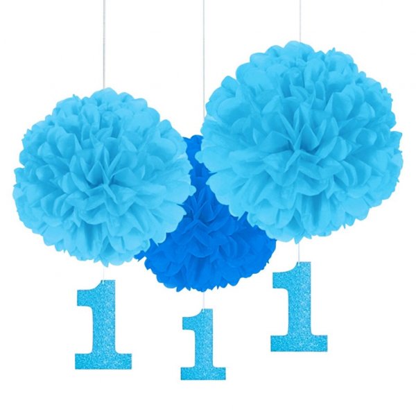 Pompons - Blau - 1. Geburtstag - 3er-Pack