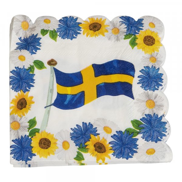 Servietten - Blumen/schwedische Flagge - 16er-Pack