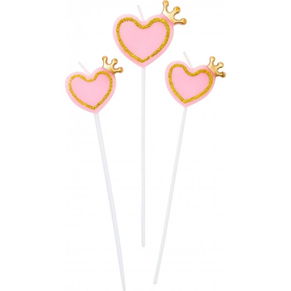 Kuchenkerzen - Herzen mit Krone - Rosa/Glitzer - 10er-Pack