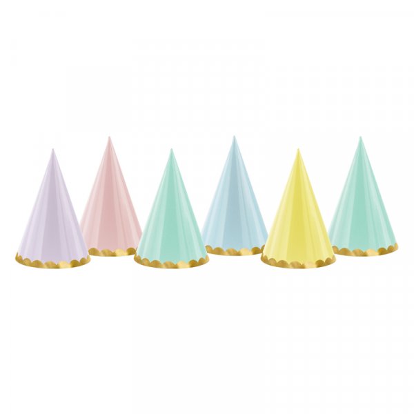 Partyhüte - Pastellmischung mit Goldbesatz - 6er-Pack