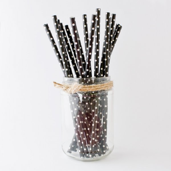 Strohhalme - Schwarz mit weien Punkten - 10er-Pack