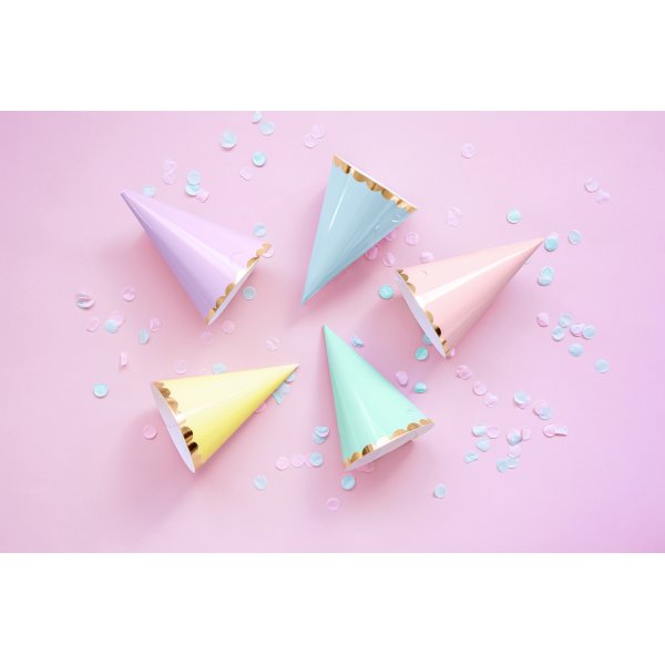 Partyhüte - Pastellmischung mit Goldbesatz - 6er-Pack