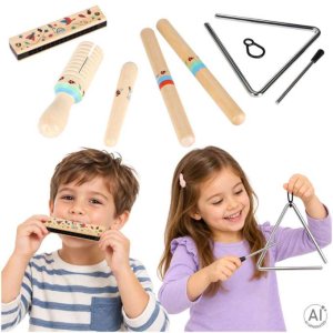 Musikinstrumentenset aus Holz f�r Kinder mit Triangel, Rhythmusst�ben, Mundharmonika und Guiro