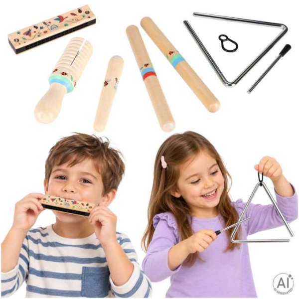 Musikinstrumentenset aus Holz für Kinder mit Triangel, Rhythmusstäben, Mundharmonika und Guiro Musikinstrumentenset aus Holz für Kinder mit Triangel, Rhythmusstäben, Mundharmonika und Guiro