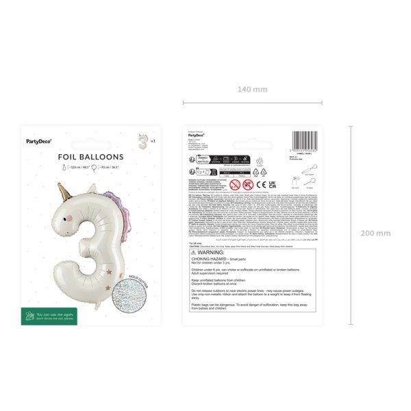 Folienballon Nummer 3 Einhorn - Mix