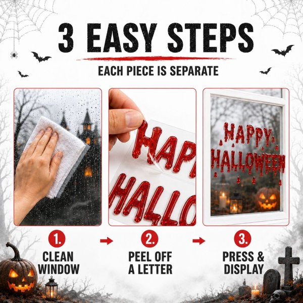 Blutrote Fledermausbuchstaben aus Gelee zur Fensterdekoration - Frohes Halloween! Blutrote Fledermausbuchstaben aus Gelee zur Fensterdekoration - Frohes Halloween!