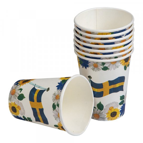 Pappbecher - Blumen/schwedische Flagge - 8er-Pack