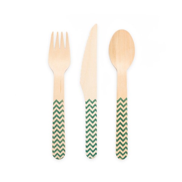 Holzbesteck - Dunkelgrünes Zickzackmuster - 18er-Pack (6 Gedecke) Holzbesteck - Dunkelgrünes Zickzackmuster - 18er-Pack (6 Gedecke)