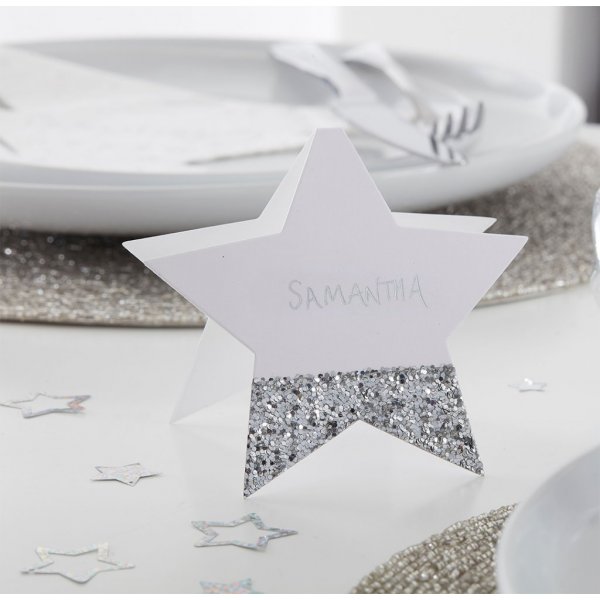 Platzierungskarten - Sterne - Silberglitter - 6er-Pack