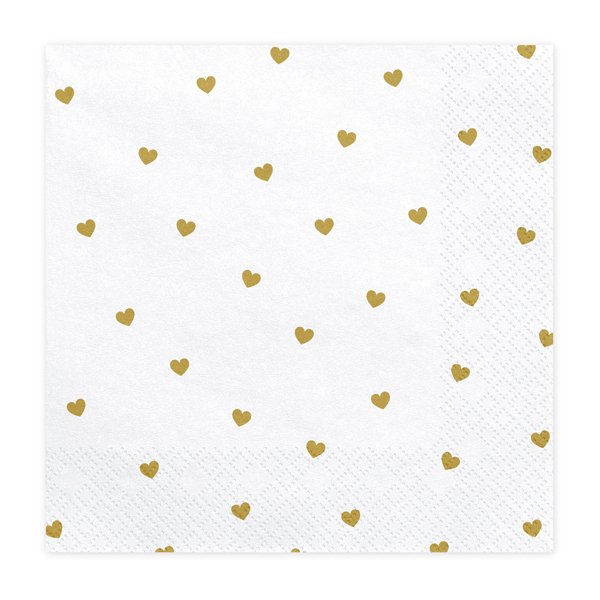Servietten - Weiß mit goldenen Herzen - 20er-Pack