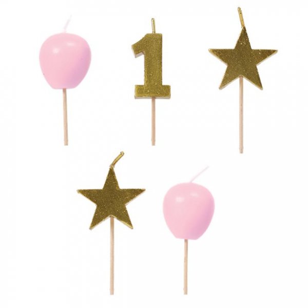 Kuchenkerzen - 1. Geburtstag - Rosa/Gold - 5er-Pack