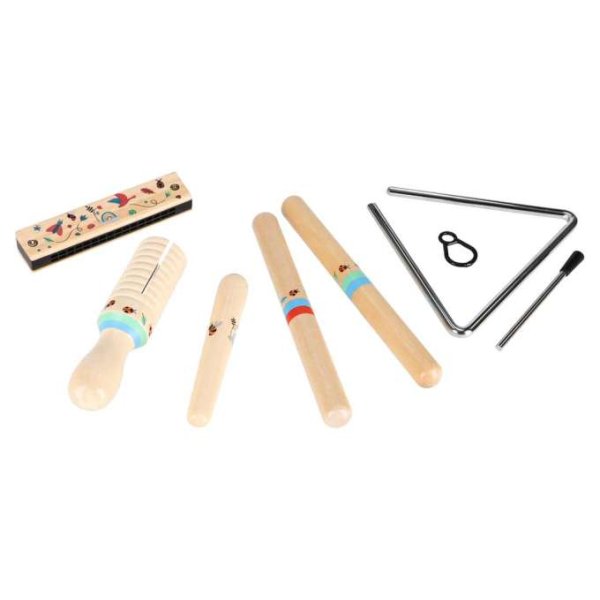 Musikinstrumentenset aus Holz für Kinder mit Triangel, Rhythmusstäben, Mundharmonika und Guiro Musikinstrumentenset aus Holz für Kinder mit Triangel, Rhythmusstäben, Mundharmonika und Guiro