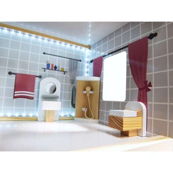 Puppenschrank aus MDF mit LED-Beleuchtung, 78 cm, weiß, inklusive 16 Möbelteilen - Bausatz Puppenschrank aus MDF mit LED-Beleuchtung, 78 cm, weiß, inklusive 16 Möbelteilen - Bausatz