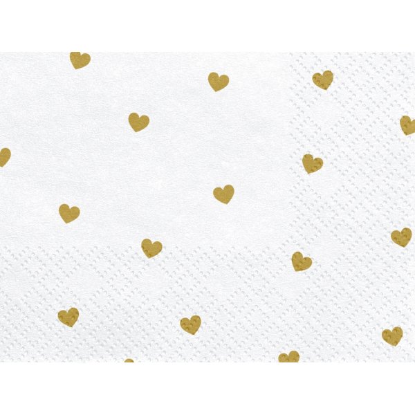 Servietten - Weiß mit goldenen Herzen - 20er-Pack