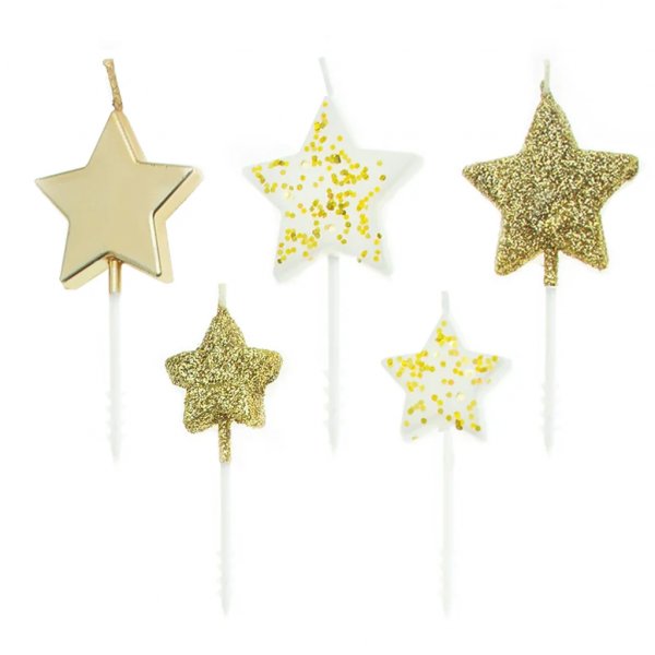 Geburtstagskerzen/Kuchenkerzen - Sterne - Gold - 5er-Pack