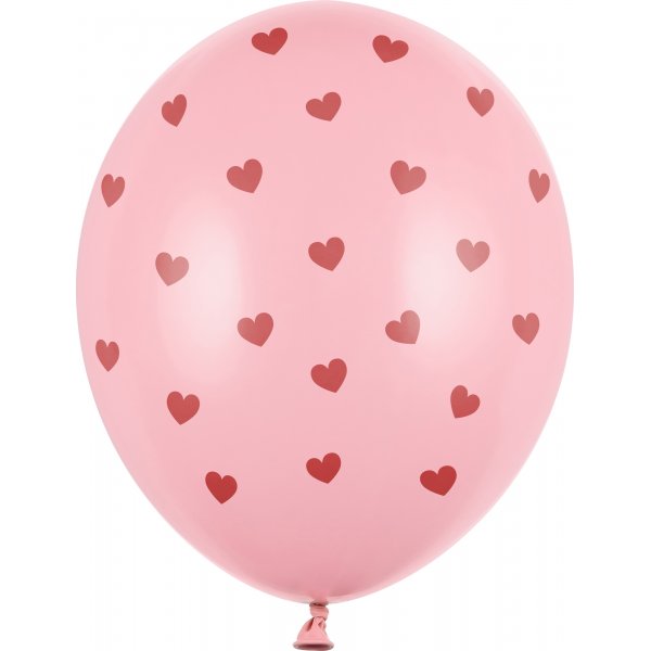 Luftballons - Hellrosa mit roten Herzen - 6er-Pack