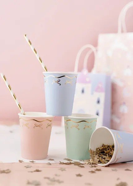 Pappbecher - Blau/Mint/Rosa mit goldener Schleife - 6er-Packung Pappbecher - Blau/Mint/Rosa mit goldener Schleife - 6er-Packung