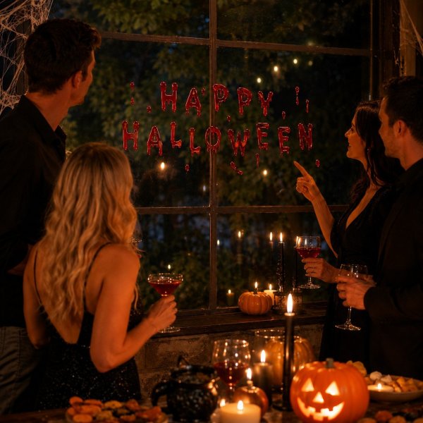 Blutrote Fledermausbuchstaben aus Gelee zur Fensterdekoration - Frohes Halloween! Blutrote Fledermausbuchstaben aus Gelee zur Fensterdekoration - Frohes Halloween!