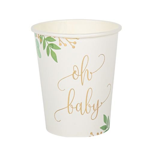 Babyparty-Pappbecher - Oh Baby - Blattgrün und Gold - 8er-Pack Babyparty-Pappbecher - Oh Baby - Blattgrün und Gold - 8er-Pack