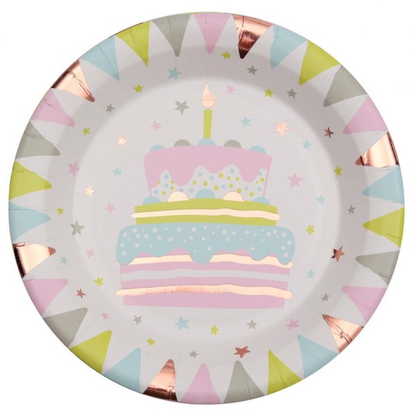 Pappteller - Happy Birthday - Pastell/Ros - 10er-Pack