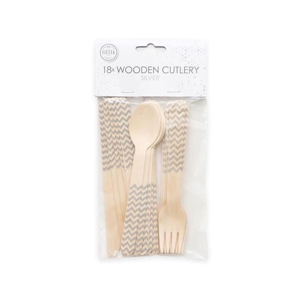 Holzbesteck - Silbernes Zickzackmuster - 18er-Pack (6 Gedecke)