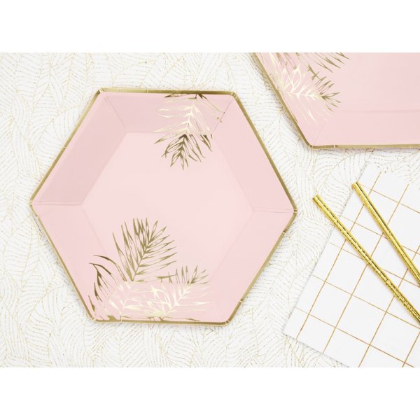 Pappteller - Bltter - Rosa/Gold - 6er-Pack