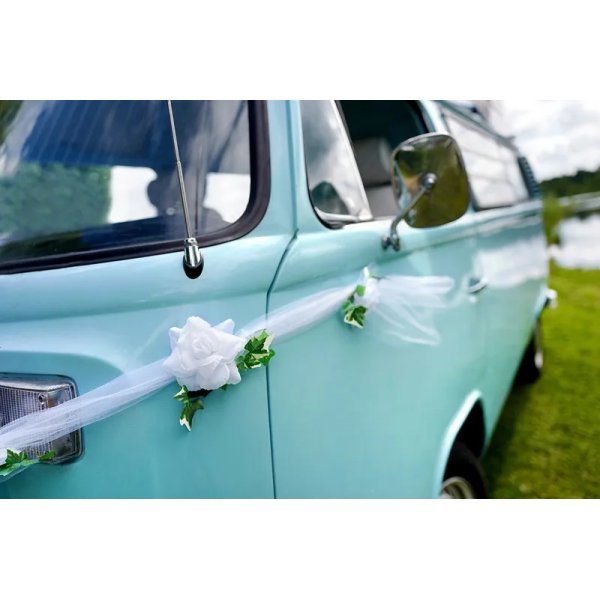 Autodekoration - Wei�er T�ll mit Rosen und Bl�ttern - 1,7 m