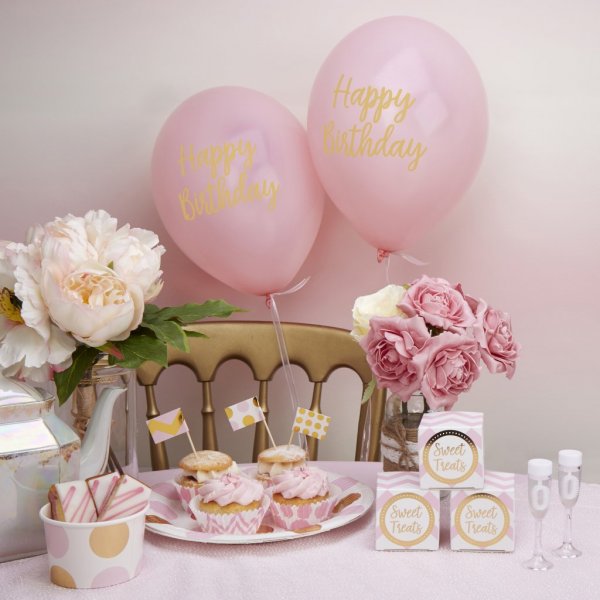 Luftballons - Happy Birthday - Rosa/Gold - 8er-Pack