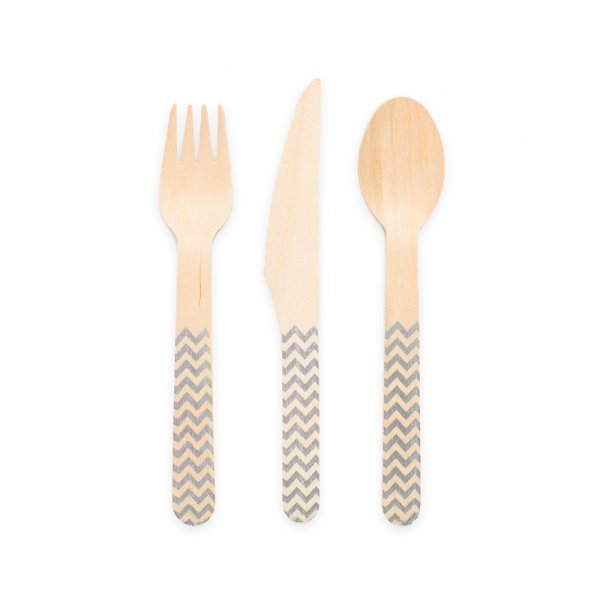 Holzbesteck - Silbernes Zickzackmuster - 18er-Pack (6 Gedecke)