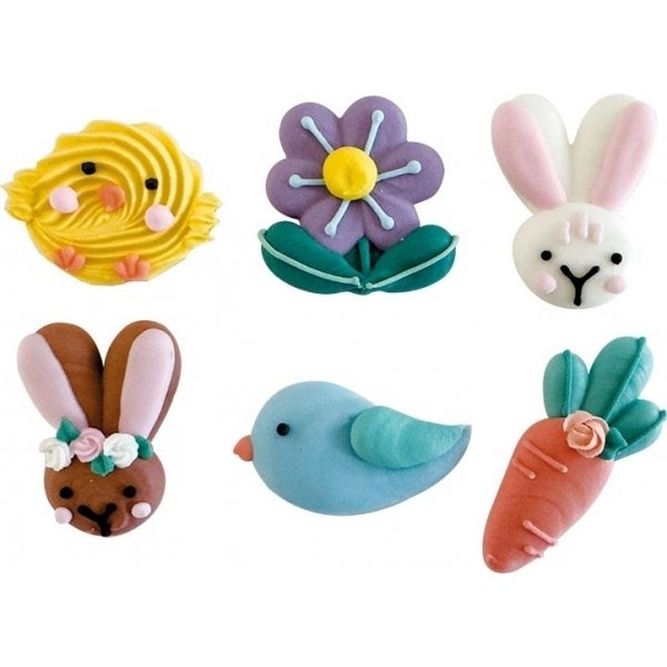 Zuckerdekorationen - Ostern - Huhn, Blume, Kaninchen, Karotte, Vogel Zuckerdekorationen - Ostern - Huhn, Blume, Kaninchen, Karotte, Vogel