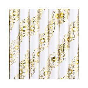 Strohhalme - Blumen, Weiß/Gold - 10er-Packung Strohhalme - Blumen, Weiß/Gold - 10er-Packung