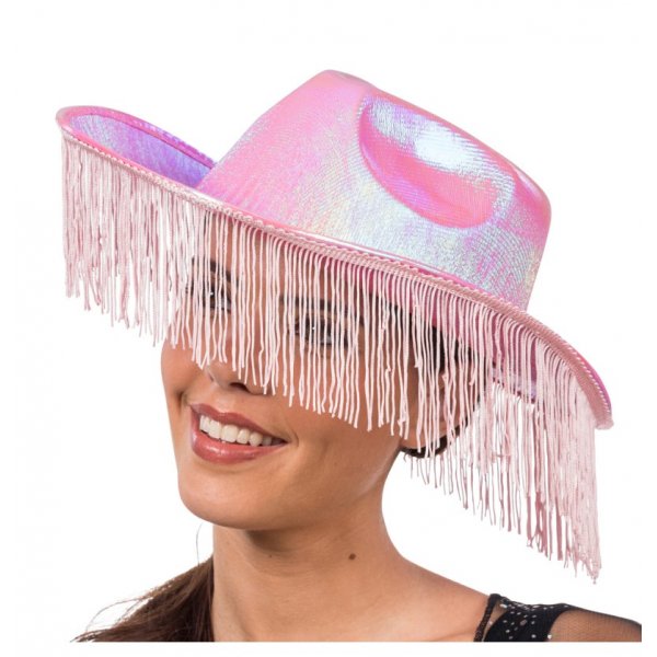Rosa schimmernder Cowboyhut mit Fransen Rosa schimmernder Cowboyhut mit Fransen
