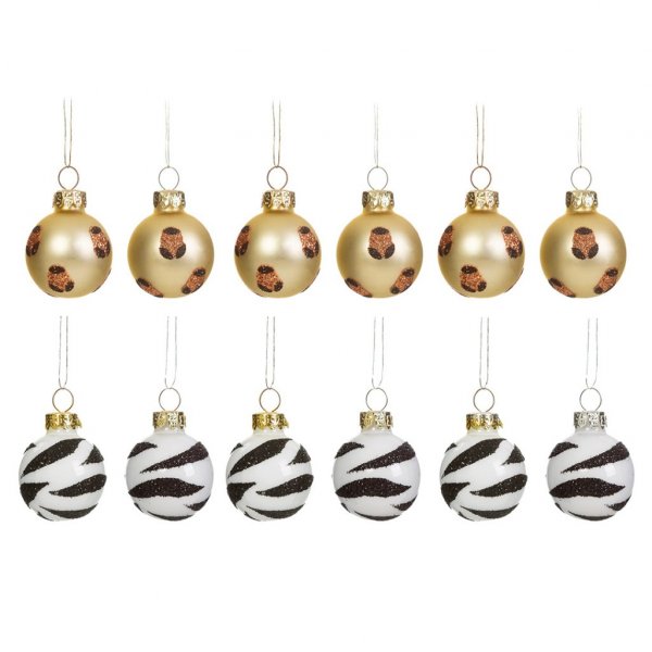 Kleine Weihnachtskugeln - Sass & Belle - 12er-Pack - Zebra/Leopard