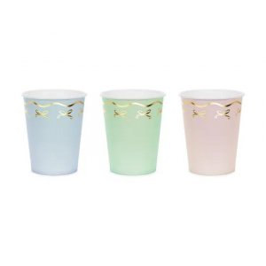 Pappbecher - Blau/Mint/Rosa mit goldener Schleife - 6er-Packung