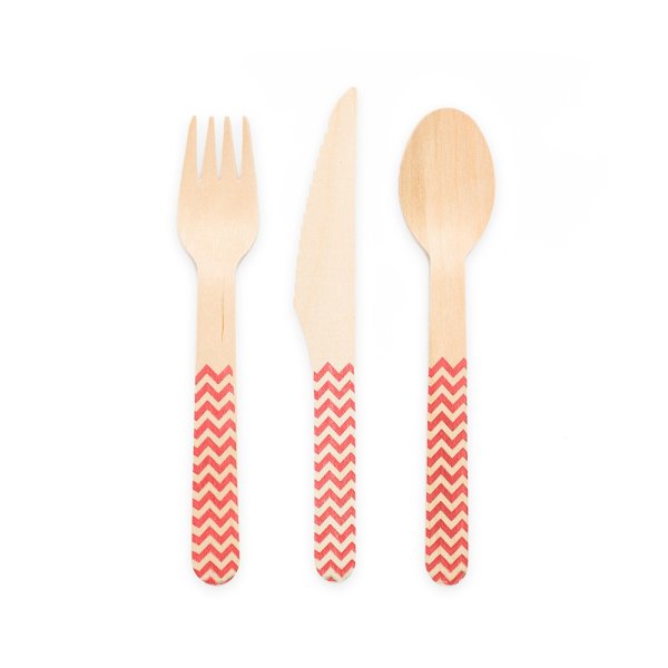 Holzbesteck - Rotes Zickzackmuster - 18er-Pack (6 Gedecke) Holzbesteck - Rotes Zickzackmuster - 18er-Pack (6 Gedecke)